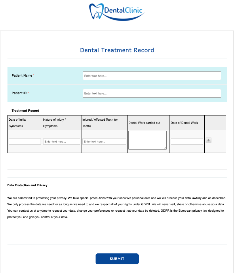 Dental Treatment Record Form Template