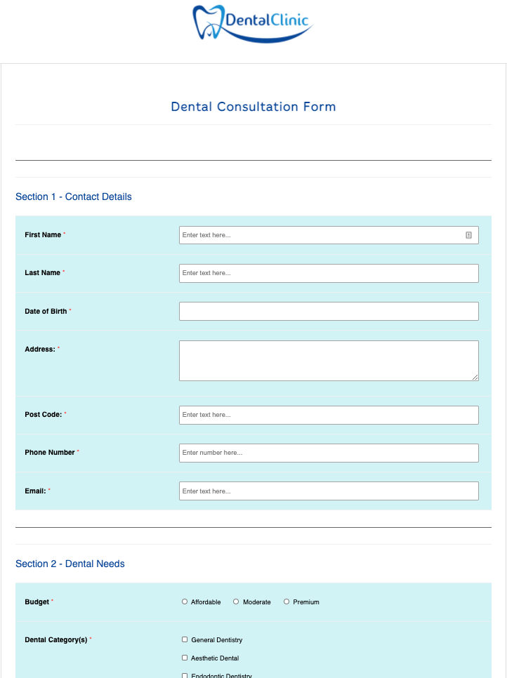 Dental Consultation Form Template