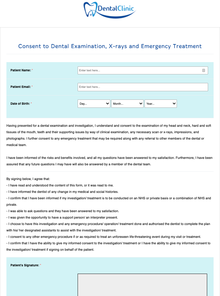 Dental Examination, X-rays and Emergency Treatment Consent Form Template