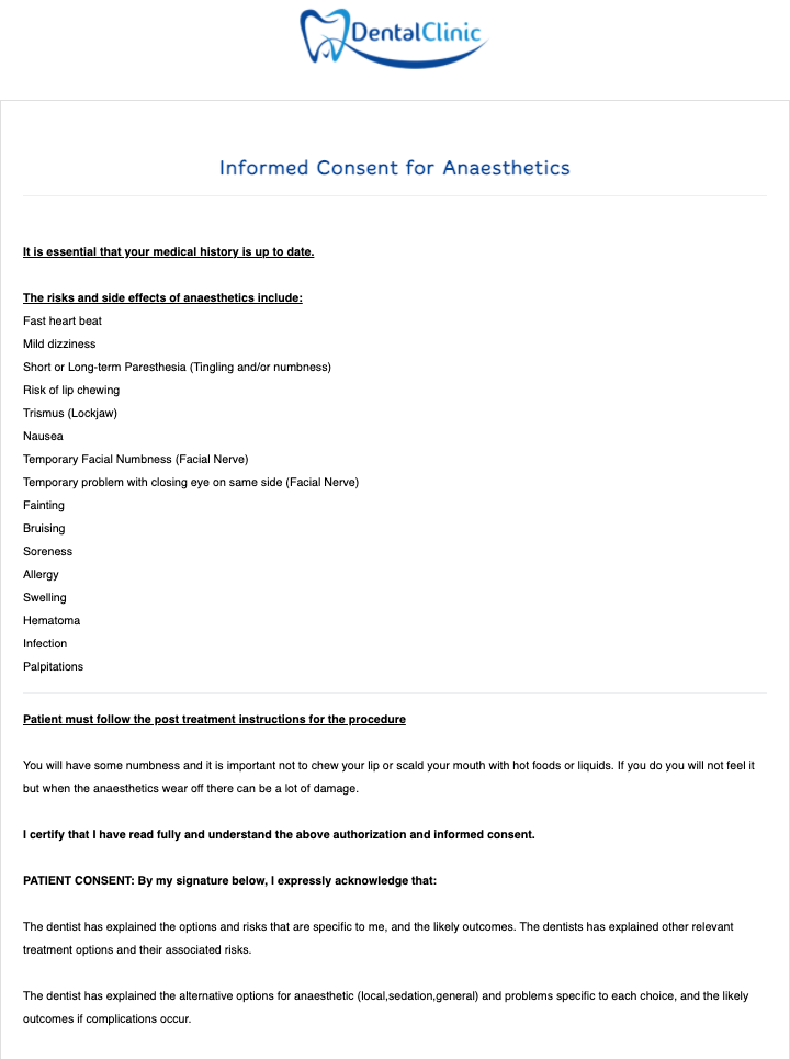 Dental Anaesthetic Consent Form Template