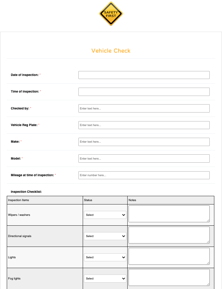 Vehicle Check Form Template